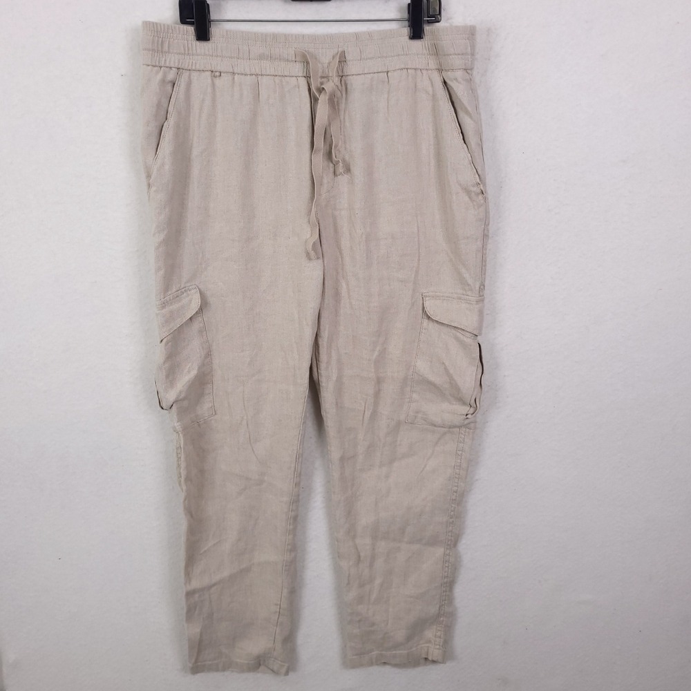 Porter & Ash Cargo Pants Mens XL Beige Linen Blend Slim Fit Drawstring Utility